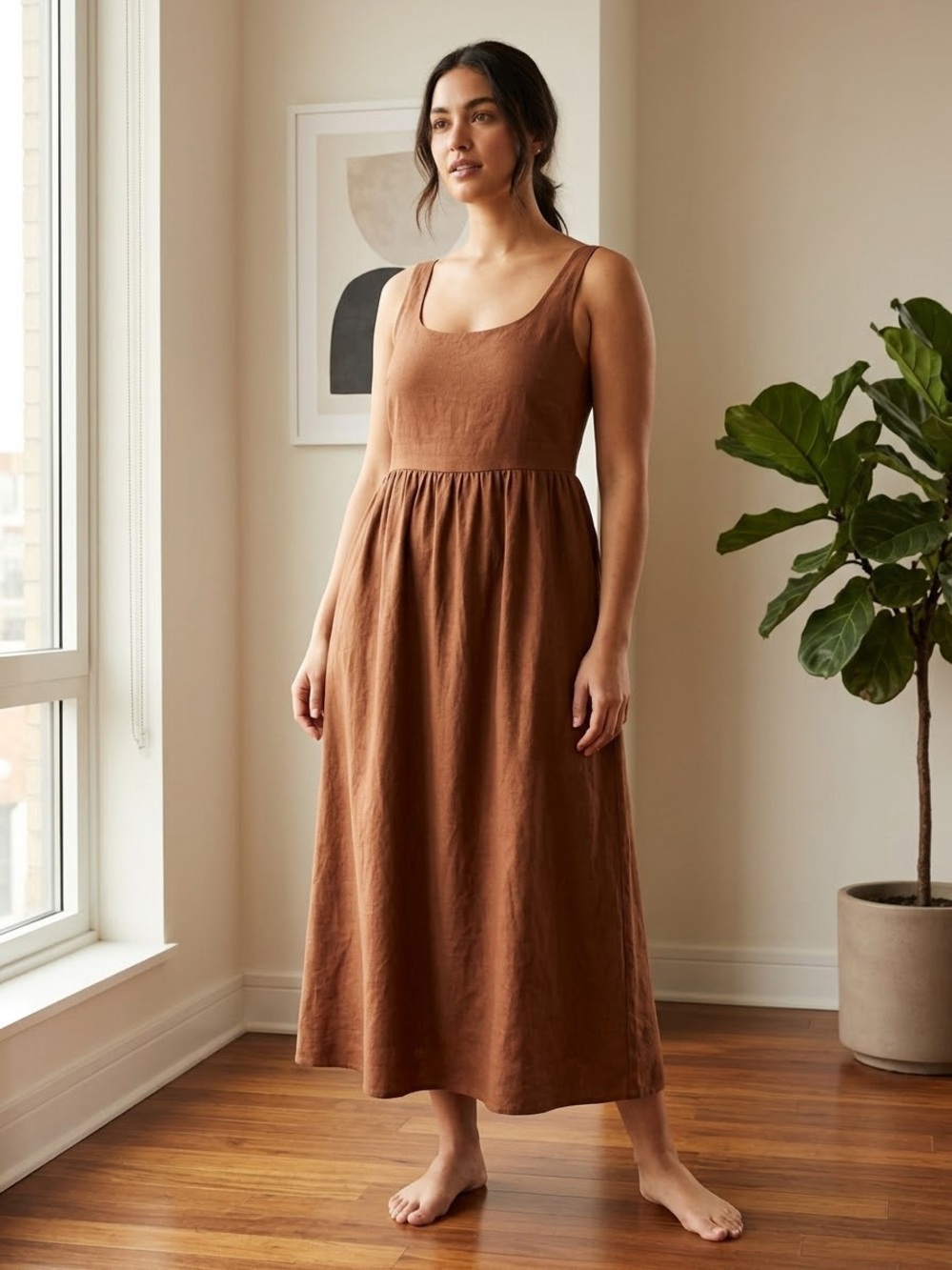 Perfect Fall Scoop Neck Brown Linen Maxi Dress
